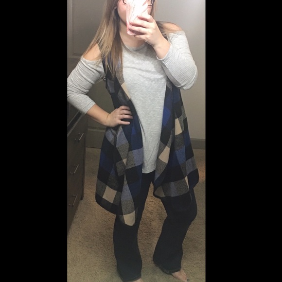 Lowest price! Blue black tan plaid open flowy vest - Picture 2 of 7